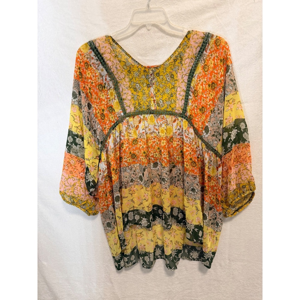 New Directions Women XL Patchwork Floral Lace Trim V-Neck Blouse Orange Yellow